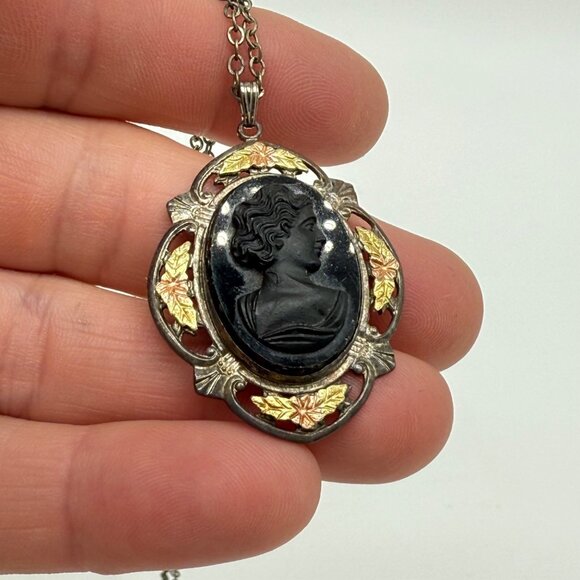 Vtg LS Peterson Mourning Pendant Sterling 14k Yellow Rose Gold Black Necklace - Picture 6 of 13